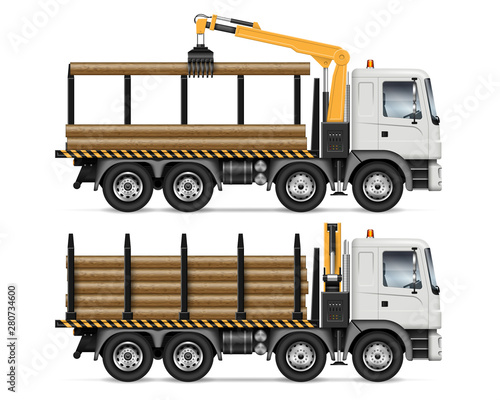 Logging truck side view isolated on white background. Forestry and wood production vehicle vector mockup. All elements in the groups on separate layers for easy editing and recolor
