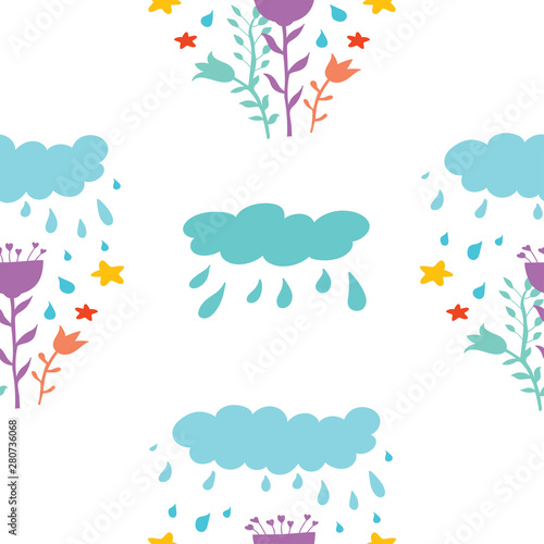 Seamless pattern of clouds in cartoon style with rain drops and flowers. Decorative background for textile, clothing, stationery, scrapbook, web.