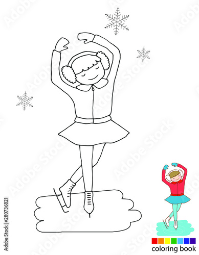 Coloring book. Winter. The girl at the rink practicing. Figure skating.Sport. Winter vacation. Vector Hand-drawn. 