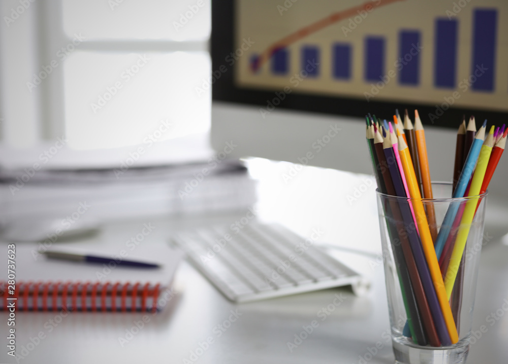 Workspace desktop, documents on the office table Workspace desktop, documents on the office table