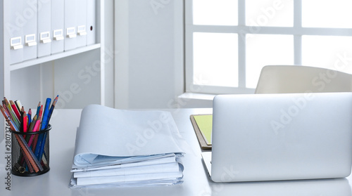 Workspace desktop  documents on the office table