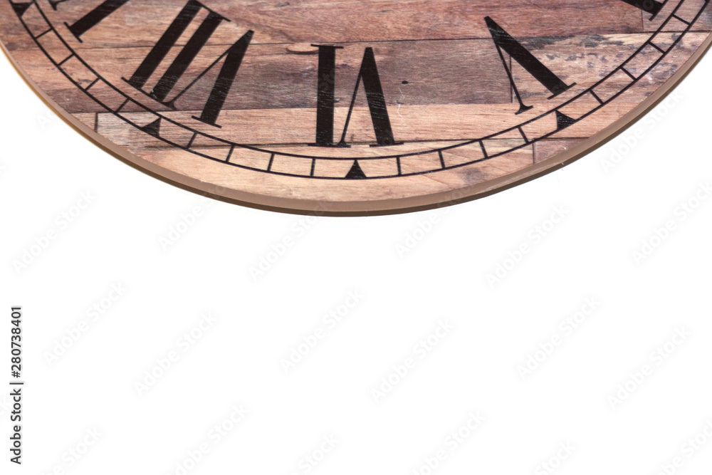 Wooden clock top centered against white background with copy space