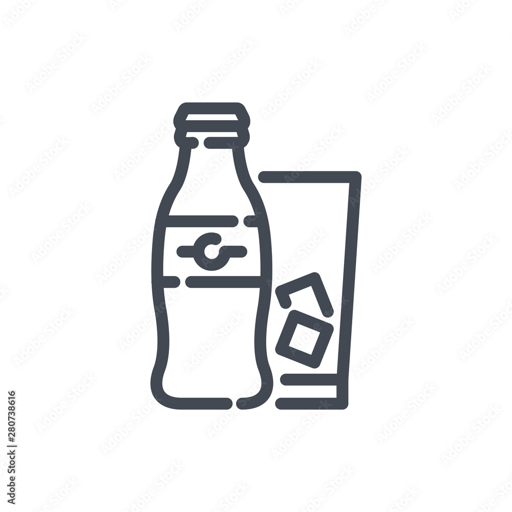 Bottle of soda with glass and ice cubes line icon. Vector outline sign. Bottle of soda with glass and ice cubes line icon. Vector outline sign.