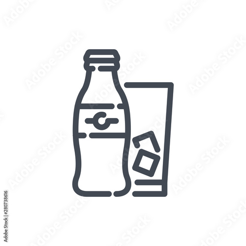 Bottle of soda with glass and ice cubes line icon. Vector outline sign.