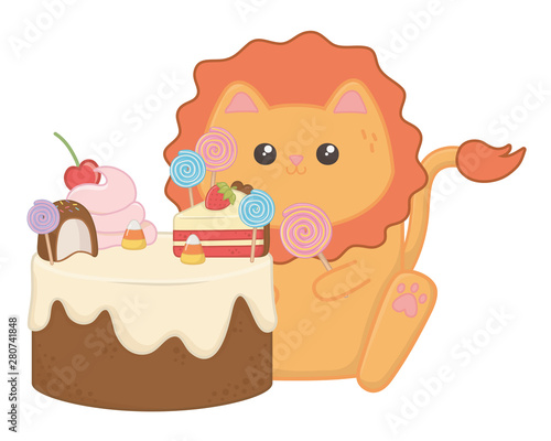 Kawaii of lion cartoon with cake design