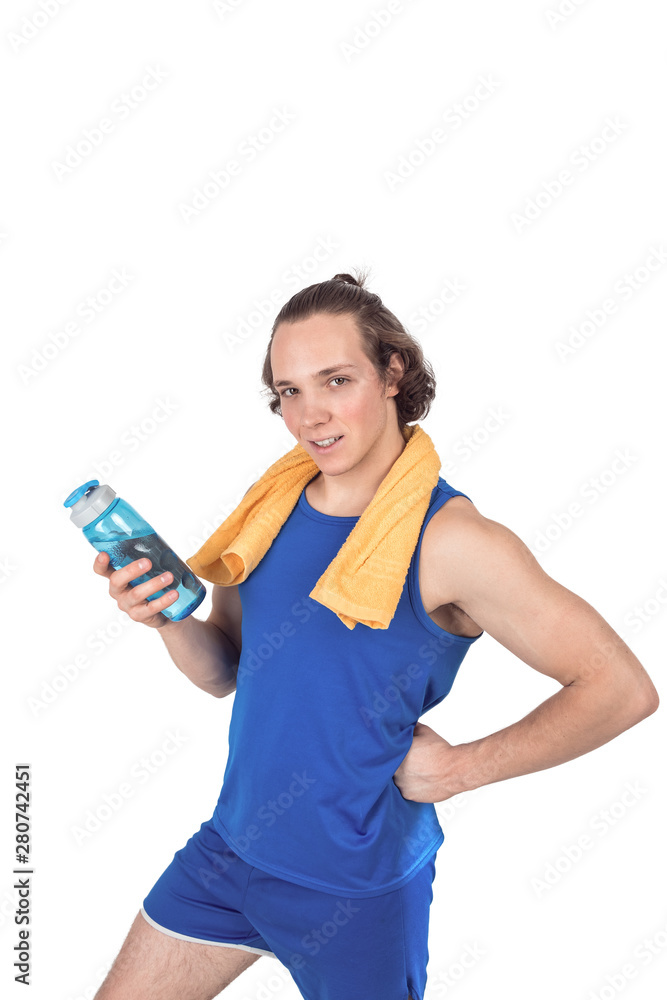 Handsome young man in sport shirt holding bottle of water. White background isolated Handsome young man in sport shirt holding bottle of water. White background isolated