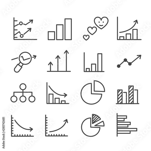 Simple set of graph minimal icon such as pie chart, statistics isolated. Modern outline on white background