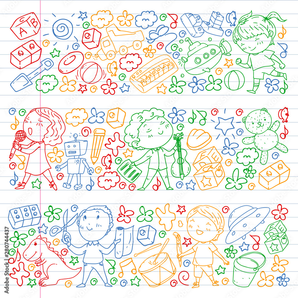 Painted by hand style pattern on the theme of childhood. Vector illustration for children design. Drawing on exercise notebook in colorful style.