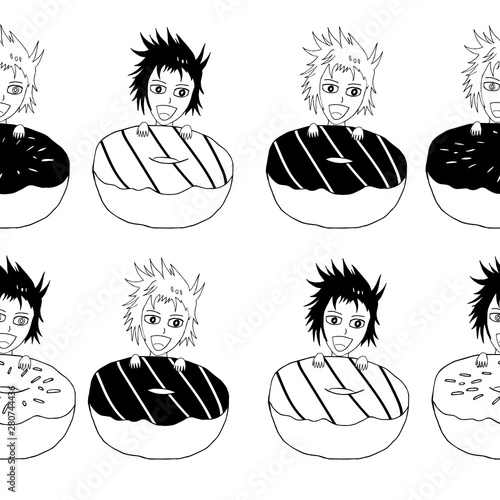 Seamless pattern made out of donuts and cute character obsessed with tasty donuts