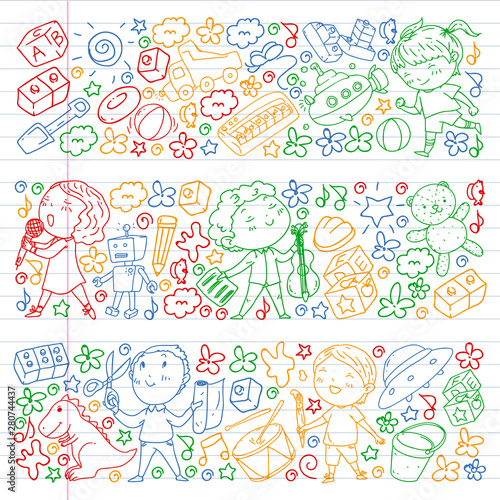 Painted by hand style pattern on the theme of childhood. Vector illustration for children design. Drawing on exercise notebook in colorful style. © Cepheia