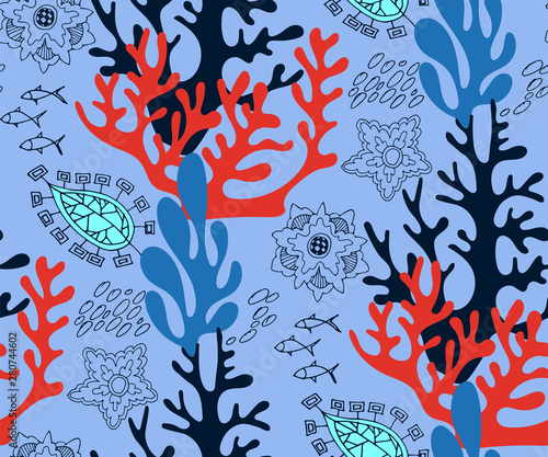 Hand drawn underwater natural ocean elements. Seamless pattern with reef corals. Vector sketch