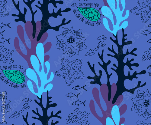 Hand drawn underwater natural ocean elements. Seamless pattern with reef corals. Vector sketch