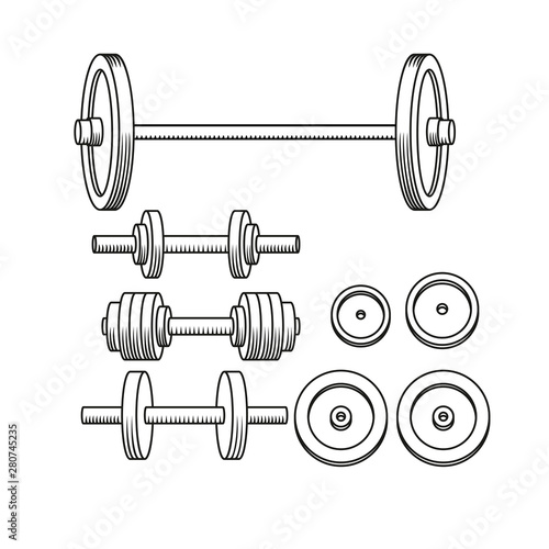 Barbell dumbbells and weight plates outline for fitness and gym set