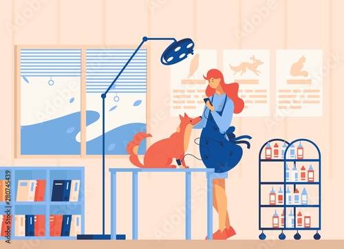 Vector scene with young vet doctor inside veterinary cabinet with redhead dog checking blood pressure. Flat interior drawn with bright blue, orange and pastel beige colors