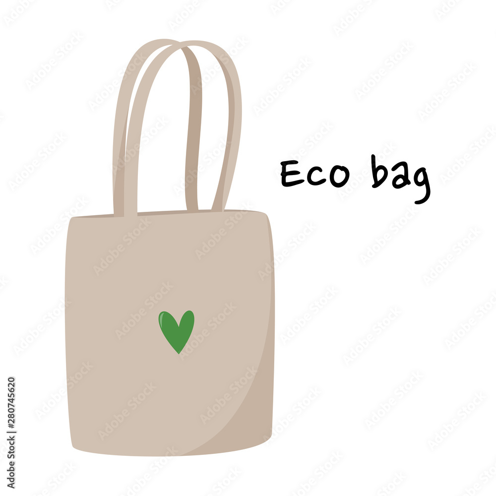 Simple cotton eco bag illustration. Vector eco friendly textile bag with green heart. Simple cotton eco bag illustration. Vector eco friendly textile bag with green heart.