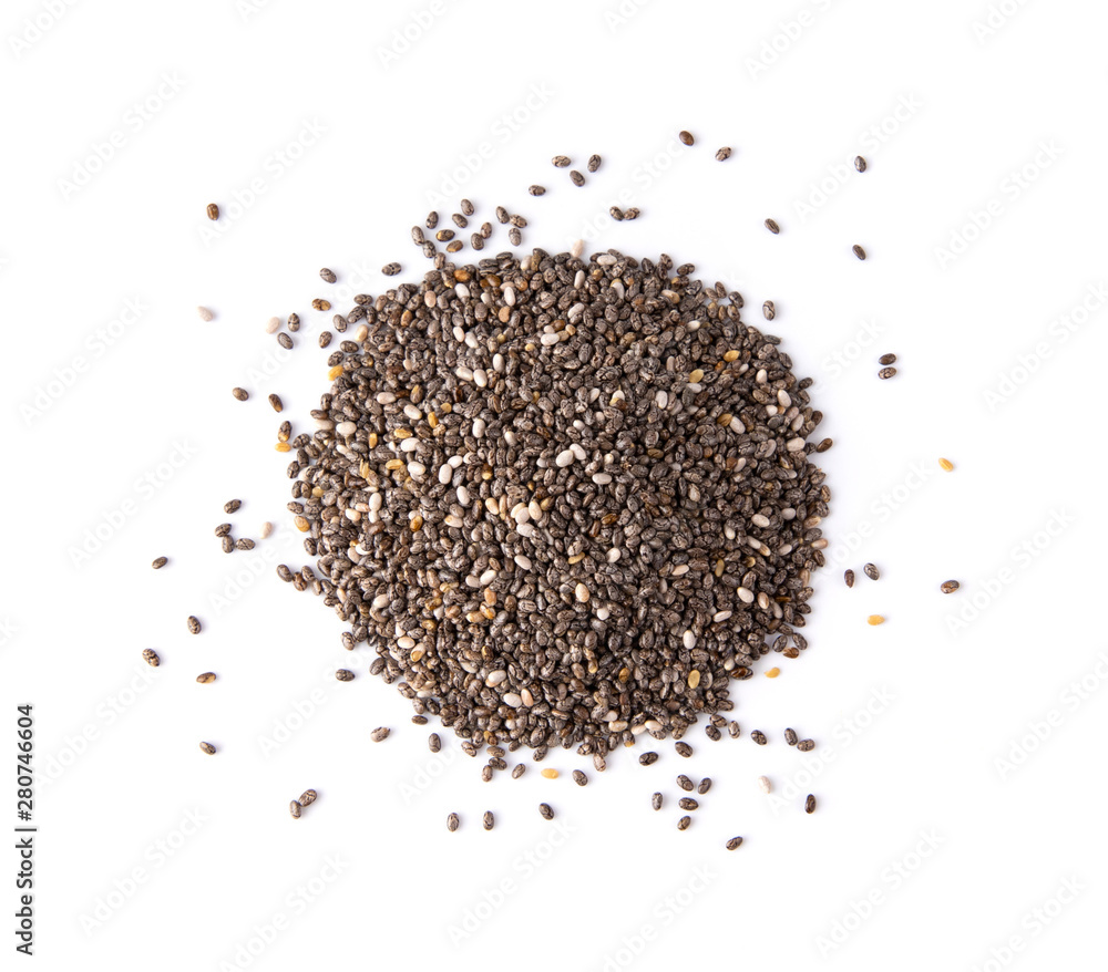 Chia seeds isolated with white background. top view Chia seeds isolated with white background. top view