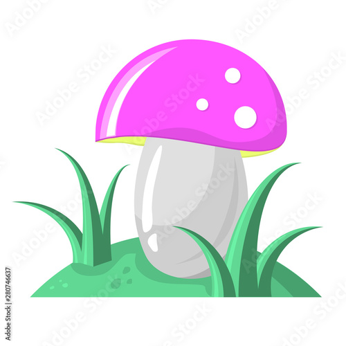 Cute mushroom with a pink hat on a green glade on a white background.