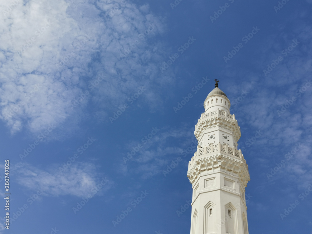 Medina, Saudi Arabia - March 28, 2018 : View of exterior building Quba or Kuba Mosque in Medina. Selective focus