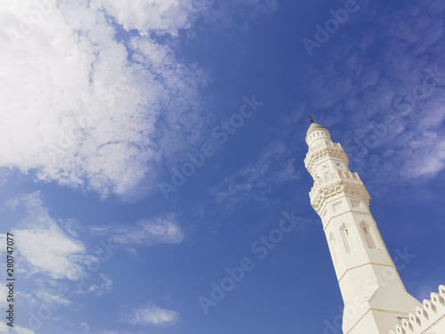 Medina, Saudi Arabia - March 28, 2018 : View of exterior building Quba or Kuba Mosque in Medina. Selective focus photo