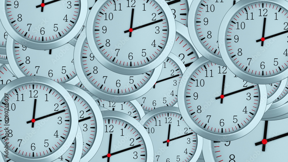 Naklejka premium Many 3d simple clocks with hour, second and minute arrows, computer generated modern business background