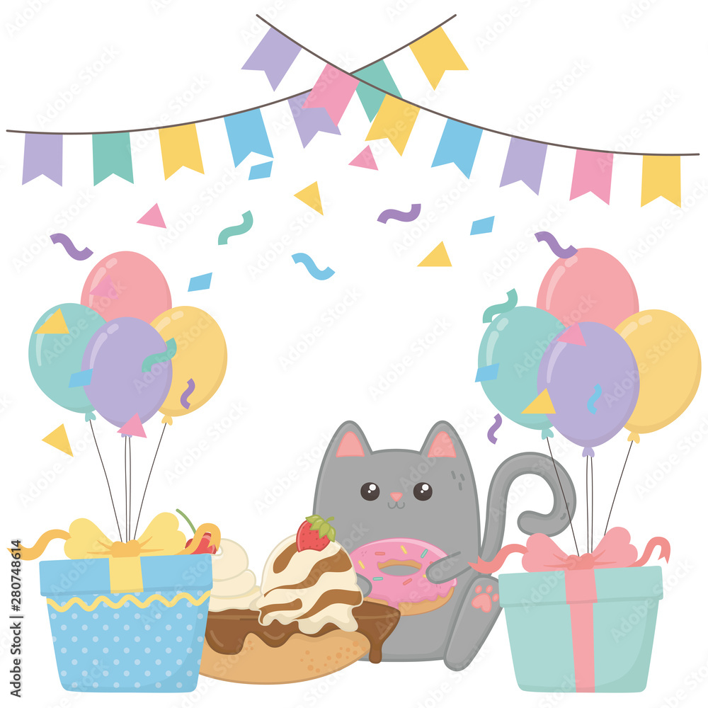 Kawaii cat with happy birthday cake design Kawaii cat with happy birthday cake design