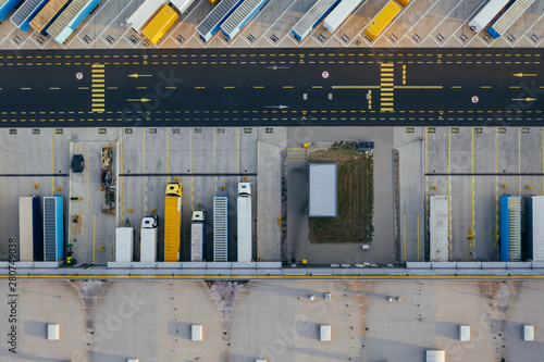 Aerial view of the distribution center, drone photography of the industrial logistic zone. photo