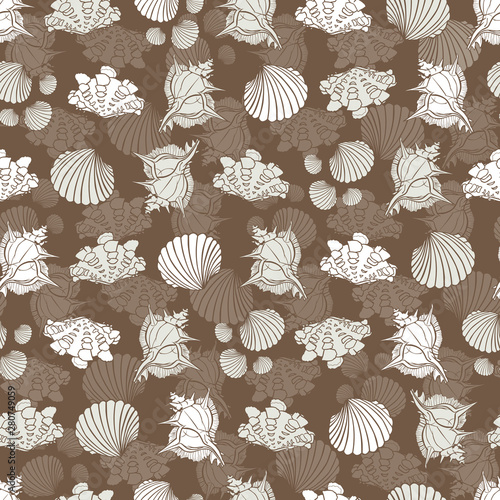 Vector brown and white repeat pattern with seashells. Perfect for fabric, scrapbooking, wallpaper projects.