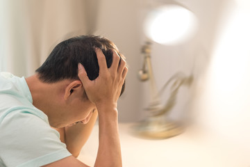 Brain diseases problem cause chronic severe headache migraine. Male adult look tired and stressed out depressed, having mental problem trouble, medical concept