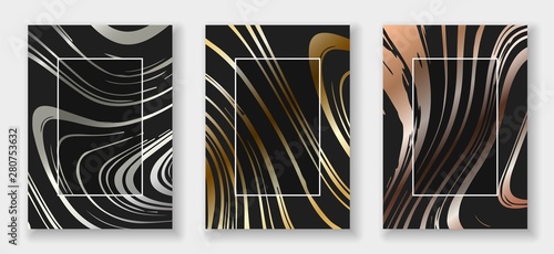 A4 abstract marble metall illustration set. Gold, bronze and silver colors. Vector design layout for luxury banners, presentations, flyers, posters and invitations.