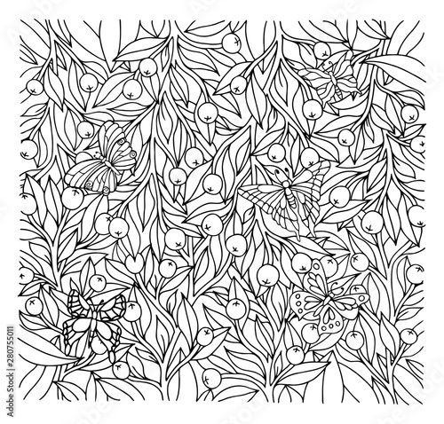 Vector illustration zentangl. Butterflies fly among the berry bushes. Coloring book. Antistress for adults and children. Work done in manual mode. Black and white.