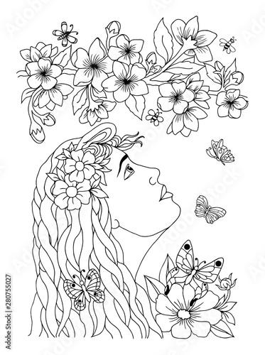 Wallpaper Mural ector illustration zentangl. Portrait of a girl looking at a blooming tree branch. Coloring book. Antistress for adults and children. Work done in manual mode. Black and white Torontodigital.ca