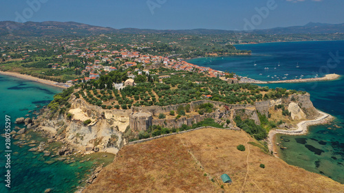 Aerial drone photo of iconic medieval castle and small picturesque village of Koroni, Messinia, Peloponnese, Greece