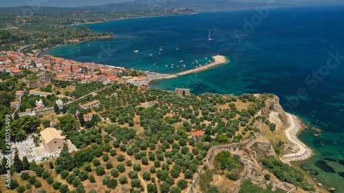 Aerial drone photo of iconic medieval castle and small picturesque village of Koroni, Messinia, Peloponnese, Greece photo