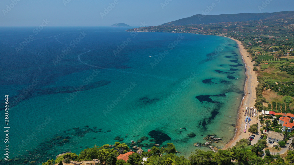 Obraz premium Aerial drone photo of iconic medieval castle and small picturesque village of Koroni, Messinia, Peloponnese, Greece