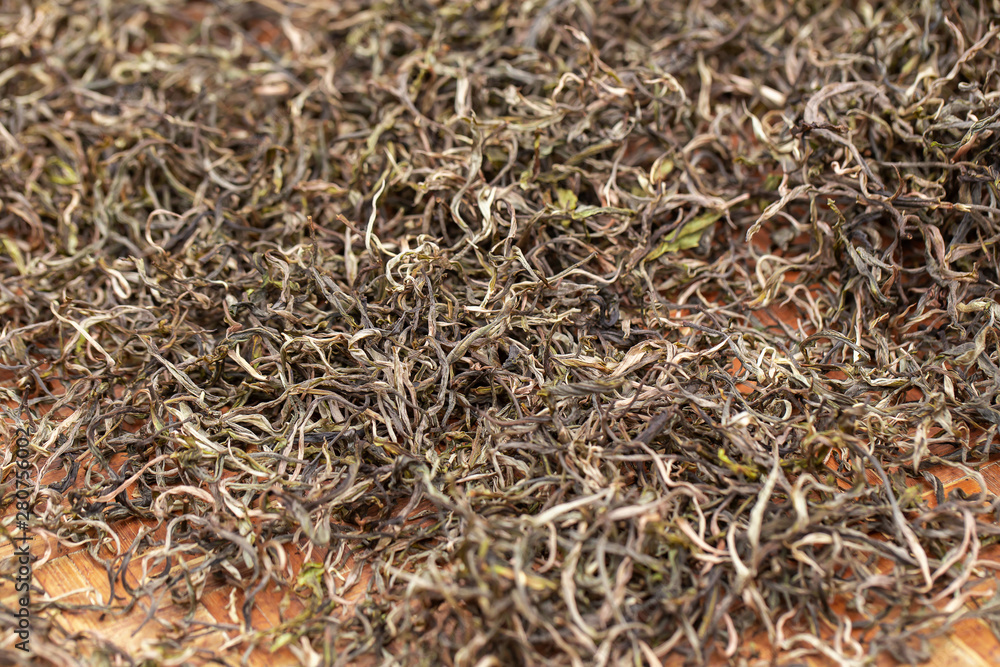 Premium Dry green tea leaves spread curing in bamboo basket tray after harvest