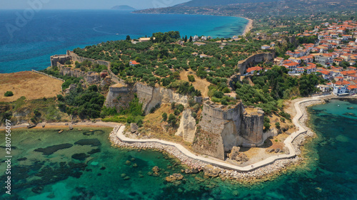 Aerial drone photo of iconic medieval castle and small picturesque village of Koroni, Messinia, Peloponnese, Greece photo