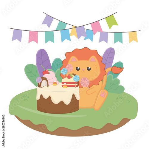 Fototapeta Naklejka Na Ścianę i Meble -  Kawaii lion with happy birthday cake design
