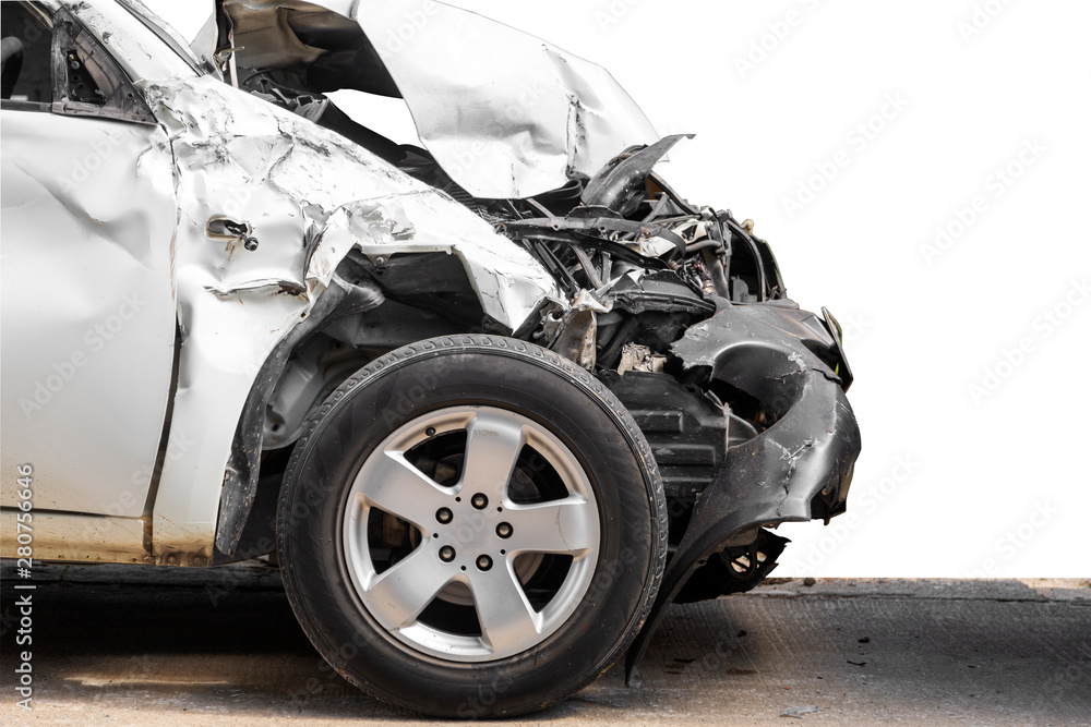 Front of white color car damaged and broken by accident on road parking can not dirve any more. isolate on white background. Cliping path Front of white color car damaged and broken by accident on road parking can not dirve any more. isolate on white background. Cliping path