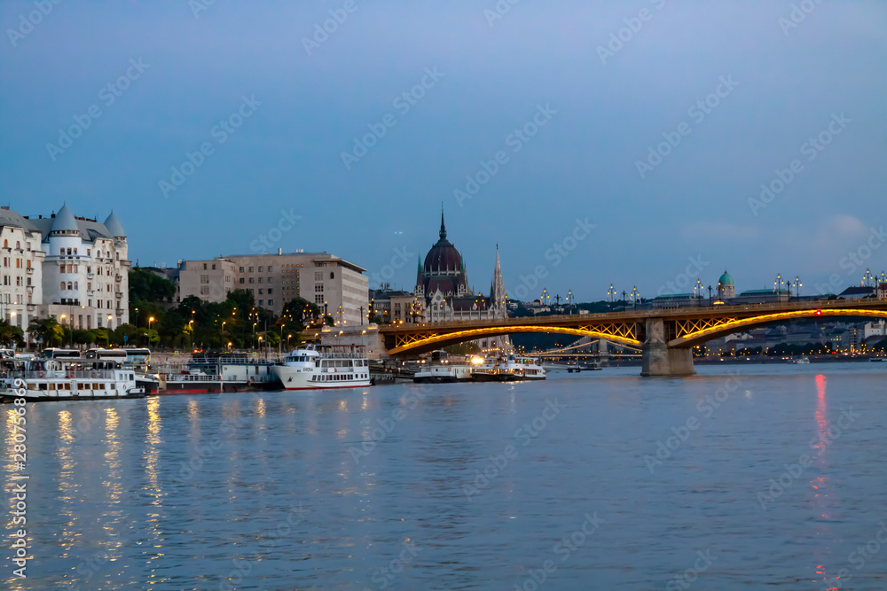 Petofi Bridge in Budapest over the Danube River at night. Petofi Bridge in Budapest over the Danube River at night.