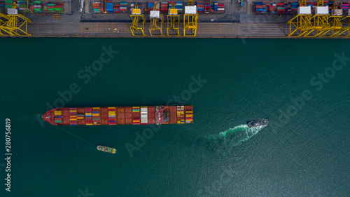Photography Aerial view container ship carrying container in import export business logistic and transportation of international by container ship in the open sea