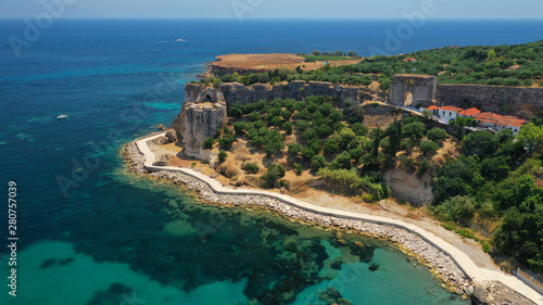 Fototapeta Naklejka Na Ścianę i Meble -  Aerial drone photo of iconic medieval castle and small picturesque village of Koroni, Messinia, Peloponnese, Greece