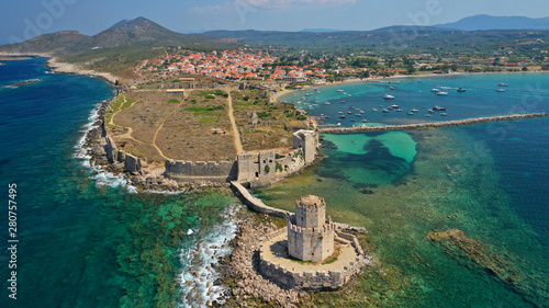 Aerial drone panoramic view of iconic Venetian castle of Methoni and Bourtzi tower on the southwest cape of Messinia, Peloponnese, Greece