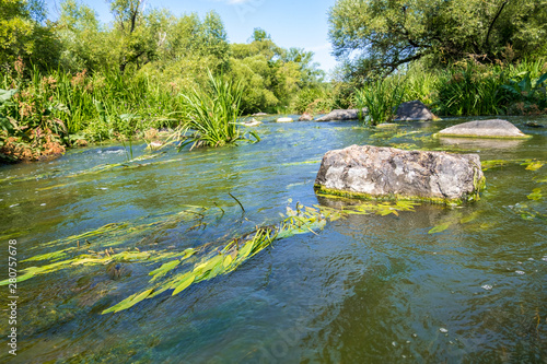 Beautiful view of the current Tikich river with stone boulders near Buky Canyon, Ukraine