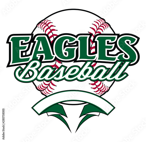 Eagles Baseball Design With Banner and Ball is a team design template that includes a softball graphic, overlaying text and a blank banner with space for your own information. Great for advertising.