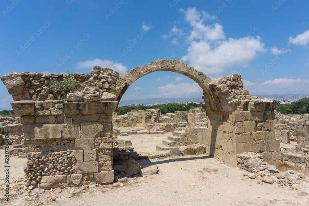 Saranda Castle also ruins with forty columns, medieval fortress in Paphos archaeological park (Kato Pafos), port of Paphos, Cyprus. Scenic landscape with old architecture ruin in front of blue sky