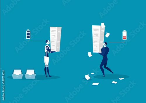 Robot vs man. Human humanoid robot work with  many paper menagment.vector illustrator