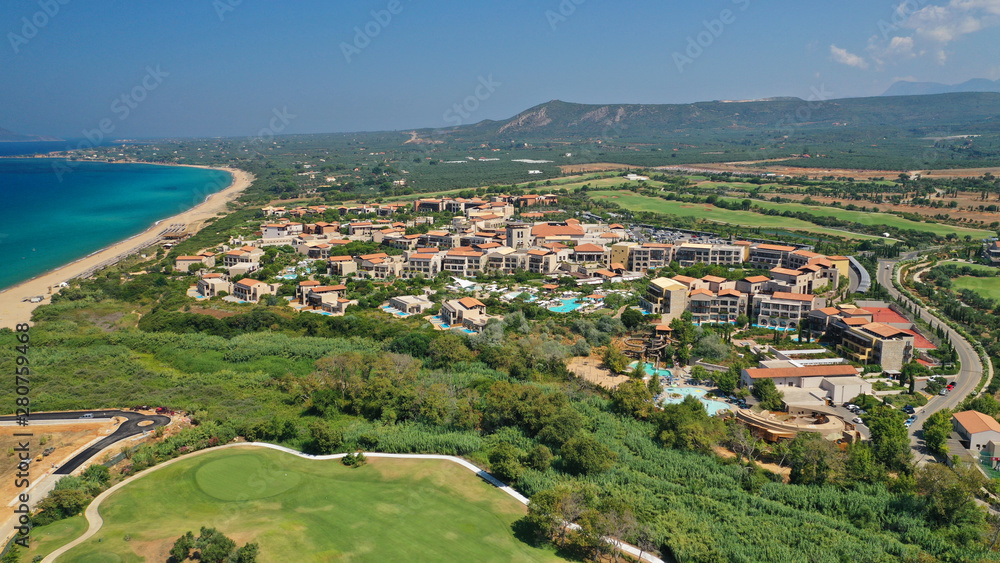Aerial drone photo of famous sandy deep turquoise and blue exotic beach of Navarino in Messinia, Peloponnese, Greece