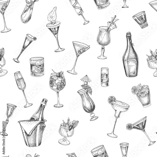 Invitation for coktail beach party. Illustration with cocktails sketches. Hand drawn pattern cocktails bar menu.