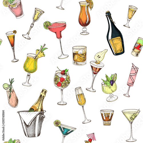 Invitation for coktail beach party. Illustration with cocktails sketches. Hand drawn pattern cocktails bar menu.