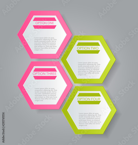 Business infographic template banner for presentation, education, web design, bochure, flyer. Pink and green tabs. Vector illustration.